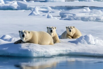 Plakat family of polar bears resting on snow-covered ice floe, created with generative ai