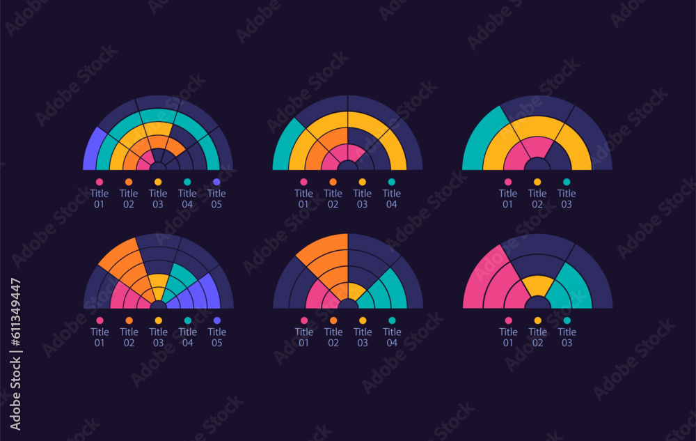 Poster semi circle infographic chart design template set for dark theme. different rates. visual data prese