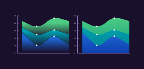 Area infographic chart design template set for dark theme. Changes in quantities over time. Visual data presentation. Editable stacked graphs collection. Myriad Pro-Bold, Regular fonts used