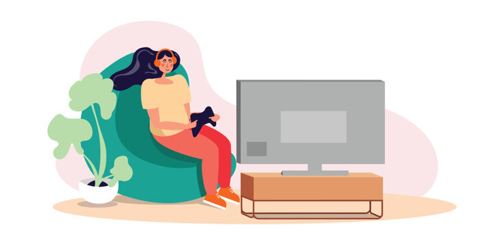 Cartoon girl in headphones plays on console on tv. Cybersport streamers lifestyle. Indoors activity and hobby for teens. Recreation and leisure time. Vector illustration