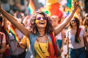 Obraz na płótnie Canvas close up of a woman in the pride parade celebrating