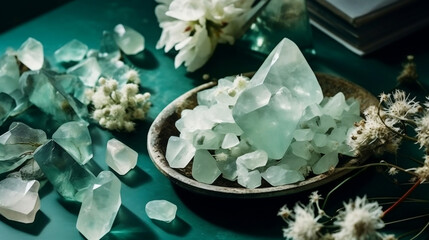 Obraz na płótnie Canvas Crystal towers minerals set and white flowers on green abstract background. gemstones for Healing Crystal Ritual, Esoteric spiritual practice. wiccan magic, witchcraft. flat lay. Generative ai.