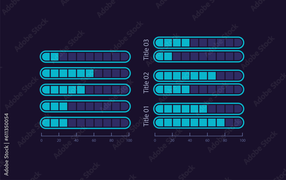 Poster horizontal progress infographic chart design template set for dark theme. capacity indicator. visual