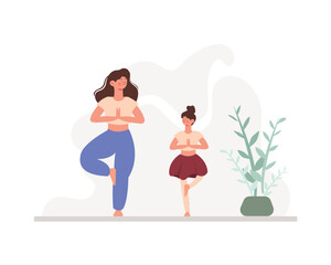Mother and daughter meditating. Colored cartoon characters of people having regular physical activity. Time for sports. Doing morning exercises. Healthy and active lifestyle. Vector