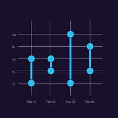Dumbbell plot infographic chart design template for dark theme. Show changing numbers. Editable infochart with vertical bar graphs. Visual data presentation. Myriad Pro-Bold, Regular fonts used
