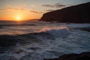Obraz premium warm summer evening, with the sun setting over the ocean and waves crashing against cliff, created with generative ai