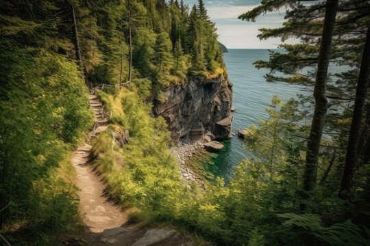 a cliffside path, winding through the forest and leading to the shoreline, created with generative ai