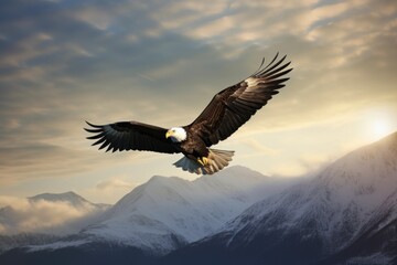 Naklejka na ściany i meble majestic eagle soaring above mountain range, created with generative ai