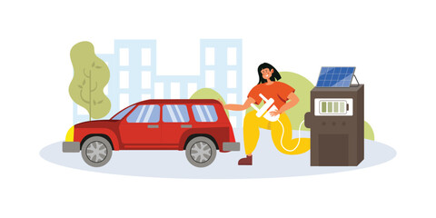 Cartoon smiling girl charges her car through outlet. Ecological power generation. Environment conservation resource. Usage of green energy. Vector flat style illustration