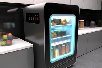 smart fridge, with built-in cameras and sensors to capture food inventory, created with generative ai