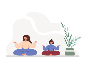 Cartoon handsome girls meditate in lotus position on mat. Characters doing morning exercises. Healthy and active lifestyle. Regular physical activity. Vector