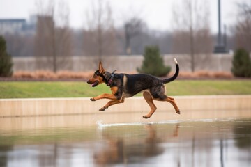 puppy chasing its tail in the park, with the view of the water fountain visible in the background, created with generative ai