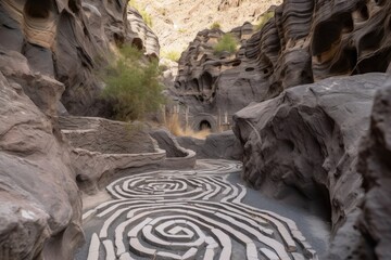 natural rock formation maze, with twisting and turning passages leading to different destinations, created with generative ai