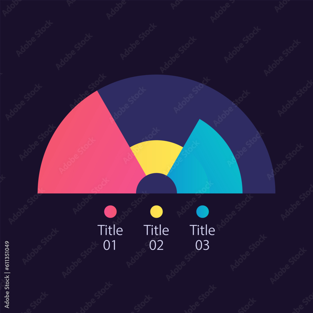 Poster arch infographic chart design template for dark theme. three sections. editable half circle infochar