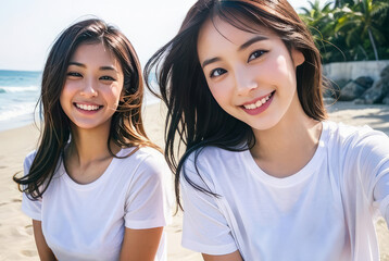ビーチ・海辺で笑顔でカメラ目線の若い2人日本人女性(モデル美女)のツーショット