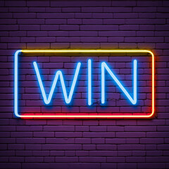 "Step into the limelight of success with our neon WIN sign!" This stunning display of vibrant typography illuminates against a textured brick backdrop, standing out as a symbol of victory
