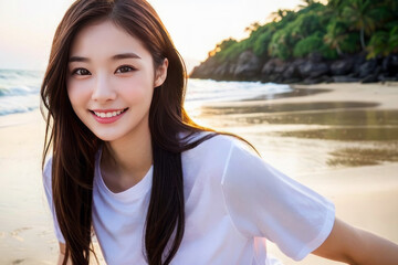 ビーチ・海辺で笑顔でカメラ目線の若い日本人女性(モデル美女)