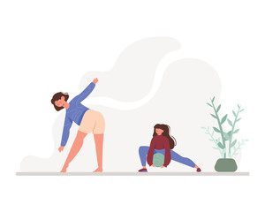 Cartoon happy women doing morning exercises. Healthy and active lifestyle. Regular physical activity. Vector flat style illustration on white background