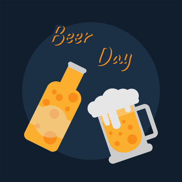 International beer day celebration. The bottle and a glass of beer is on dark blue background in flat style. Cold beverage for pub and bar club.