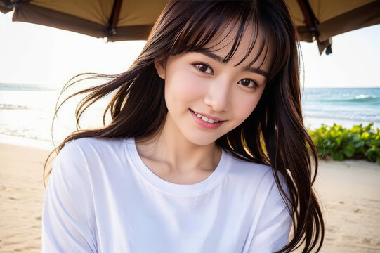 ビーチ・海辺で笑顔でカメラ目線の若い日本人女性(モデル美女)
