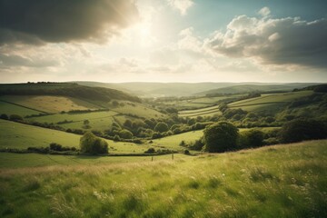 Fototapeta premium rolling countryside hills with sunbeams highlighting the landscape, created with generative ai