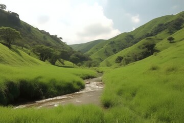 pristine green hills with rolling streams, and the sound of birds chirping, created with generative ai