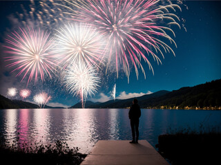 As the stars twinkle in the night sky, a man stands transfixed by the explosive beauty of the fireworks illuminating the 4th of July celebrations. © Amithachapa