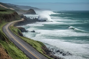 scenic road trip along the coastline, with crashing waves and rolling surf, created with generative ai