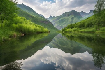 reflection of a peaceful lake surrounded by lush greenery and towering mountains in the distance, created with generative ai