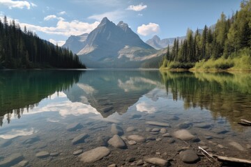 Fototapeta na wymiar peaceful lake surrounded by towering mountains, with reflections of the peaks visible on the water, created with generative ai