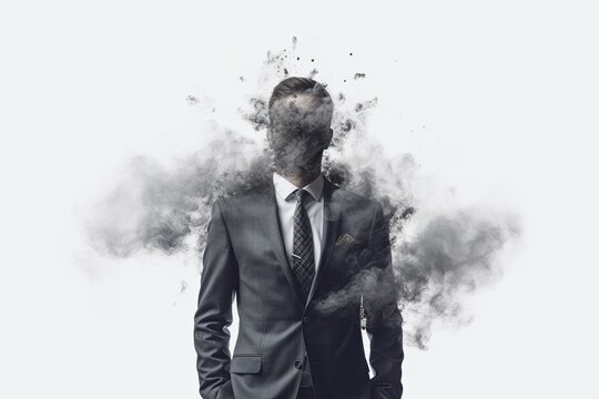 A male in a suit with a head in smoke exploding. Visualisation of the world of Artificial intelligence.Ai.