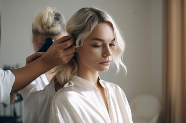 Fototapeta premium Hairdresser doing an elegant hairstyle to the bride with accessories with jewelery on her wedding day in a relaxed and intimate atmosphere. Illustration. Generative AI