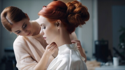 Fototapeta premium Hairdresser doing an elegant hairstyle to the bride with accessories with jewelery on her wedding day in a relaxed and intimate atmosphere. Illustration. Generative AI