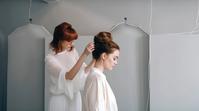 Hairdresser doing an elegant hairstyle to the bride with accessories with jewelery on her wedding day in a relaxed and intimate atmosphere. Illustration. Generative AI