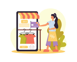 Cartoon girl pays by credit card through phone. Buying gifts in online shops. Shoppers buying on internet sale. Special offers and discounts. Vector illustration