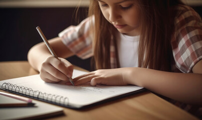 Girl student hand writing in a notebook doing math homework at home. selective focus. Illustration, Generative AI