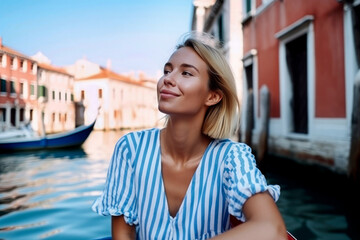 Happy woman in Venice smiling as she sails a Gondola through the city's canals, wearing a trendy blue and white striped dress. European Tourism. Illustration. Generative AI