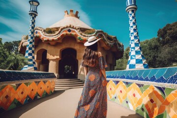 Young woman from behind in a dress and hat exploring the architecture of Park Guell in Barcelona, Spain. Illustration. Generative AI - obrazy, fototapety, plakaty