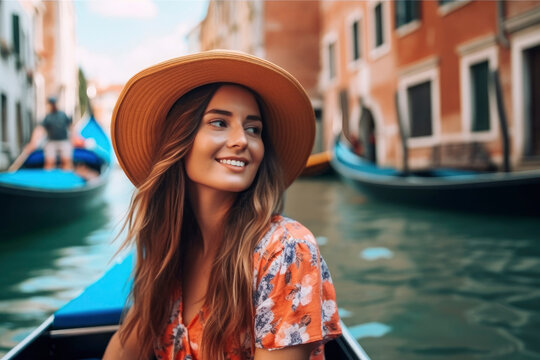 Smiling beautiful woman enjoying vacation, taking a gondola ride down a street in the canals of Venice, Italy, wearing a trendy orange dress and hat. Illustration. Generative AI