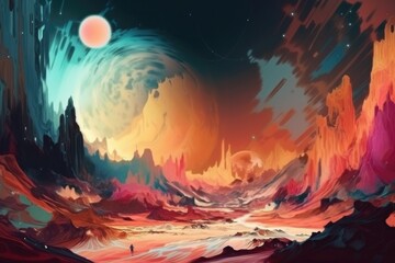 abstract landscape, with surrealistic and dreamlike elements, of a distant planet, created with generative ai