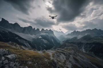 Fototapeta na wymiar drone flying over majestic mountain range with dramatic clouds in the background, created with generative ai