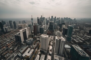 drone flyover of busy cityscape, with skyscrapers and bustling streets in view, created with generative ai