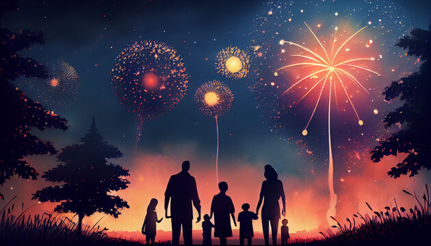 Illustration of family reunion at fourth of July july 4th celebration. American flag for Memorial Day, white graves, 4th of July, Labour Day. Ai generated image