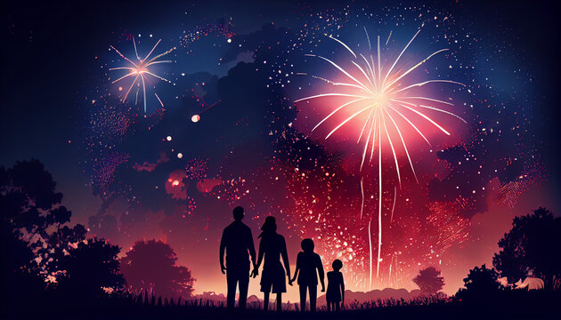 Illustration of family reunion at fourth of July july 4th celebration. American flag for Memorial Day, white graves, 4th of July, Labour Day. Ai generated image