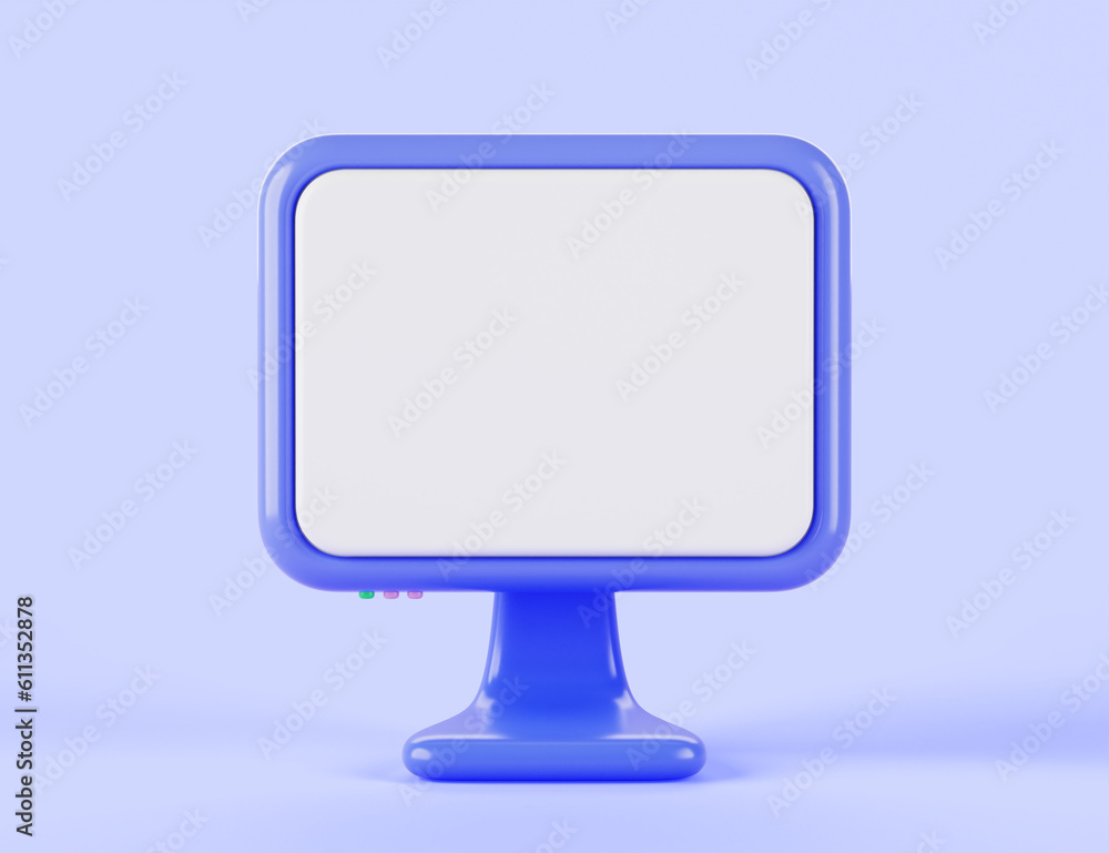 Poster computer with blank white screen front view 3d render. cartoon blue monitor icon isolated on backgro