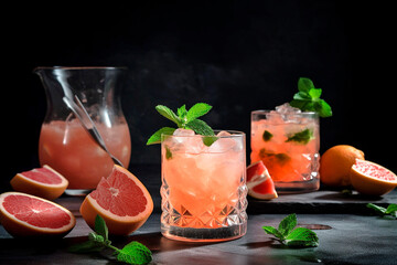Paloma cocktails made with tequila blanco, syrup, grapefruit juice and sparkling water garnished with mint leaves
