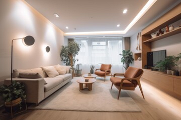 clutter-free living room, with cozy furniture and warm lighting, perfect for relaxing or entertaining, created with generative ai