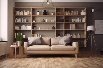 clutter-free living room, with cozy couch and bookshelf, for relaxing and reading, created with generative ai