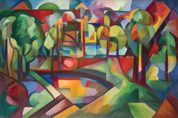 cubist painting of a serene landscape, with playful brushstrokes and vibrant colors, created with generative ai