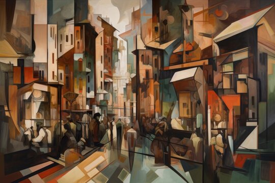 cubist painting of a busy city street, with different perspectives and angles, created with generative ai